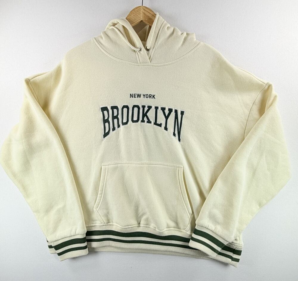 Brooklyn Men’s Oversize Hoodie Cream New York 96 Green Crest Embroidered Size XL